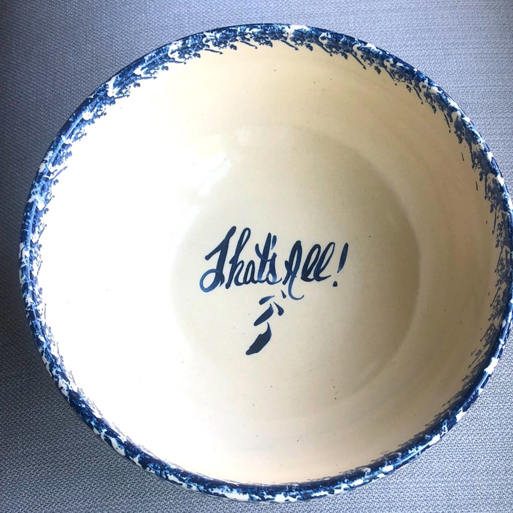 VTG Marshall Pottery Spongeware Popcorn Bowl “That’s All Popcorn is for Sharing”